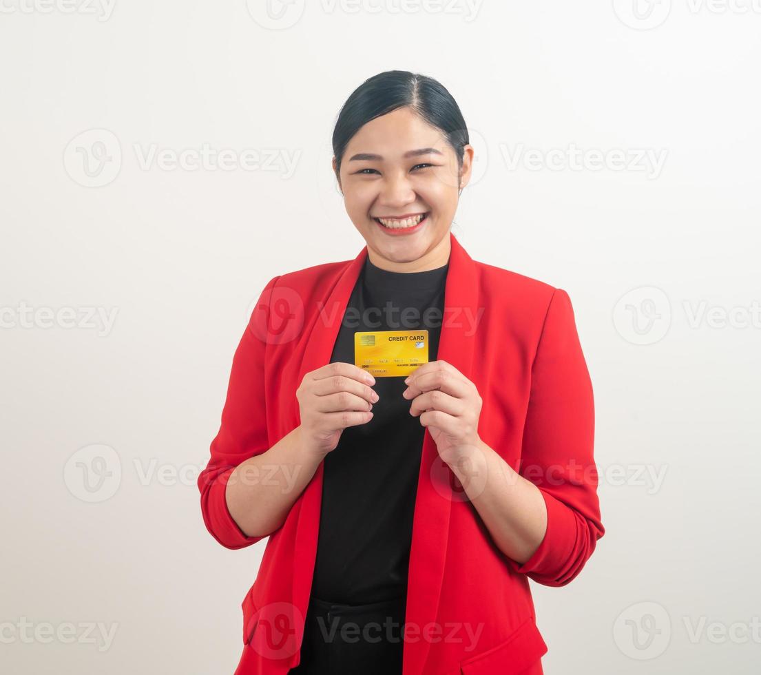 Asian woman holding credit card with white background photo