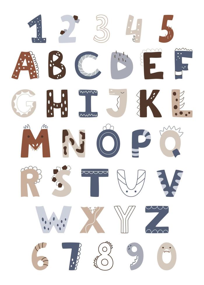 diseño de fuente linda de estilo infantil, alfabeto infantil juguetón, letras y números ilustración vectorial. cartel abc con el alfabeto para la educación vector