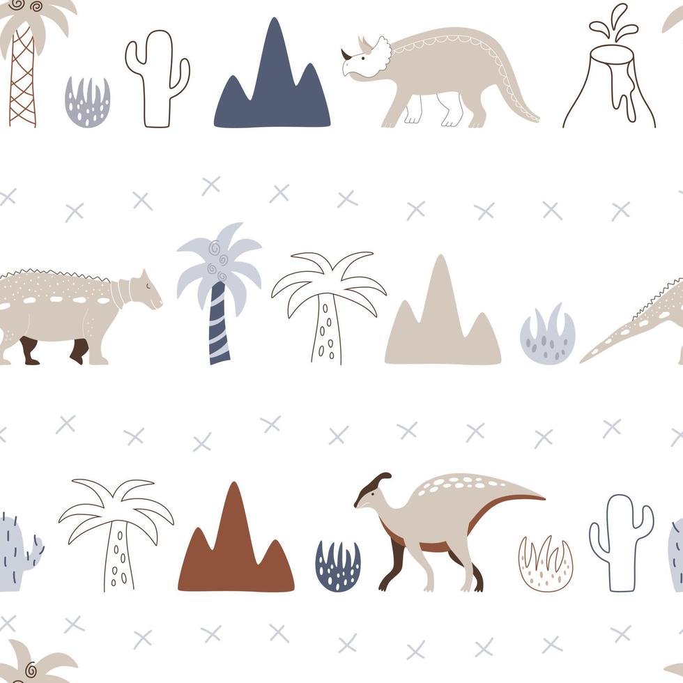 Jurassic dinosaurs travel between palm trees and volcanoes in the prehistoric era. Vector seamless pattern with wild animals and nature on a white background