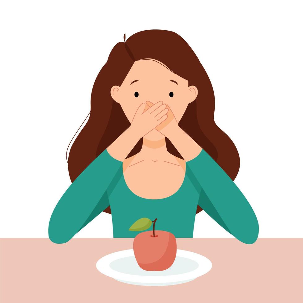 Anorexia. A sad young woman is sitting with an empty plate with an apple. The girl is sick of food. Diet risk. Vector flat illustraton.