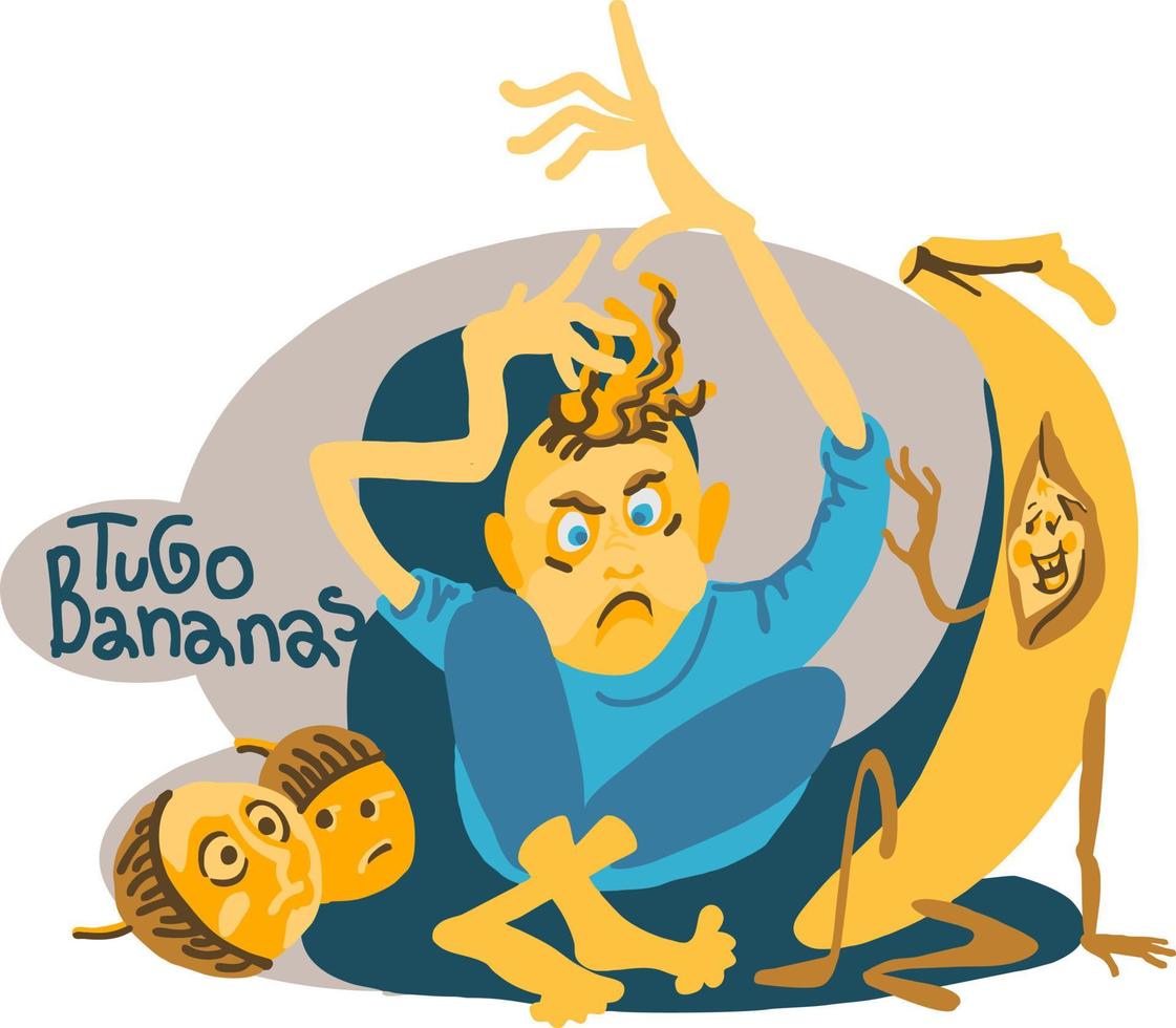 To go bananas. A funny picture about a crazy man who talks to a banana and nuts. vector