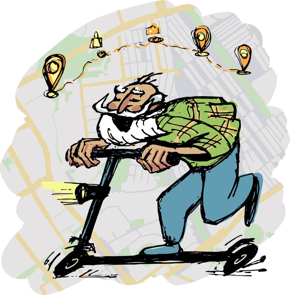 Old age and gadgets. The old man, as fervently as a young man, rushes on a scooter to the destinations in the navigator map. vector