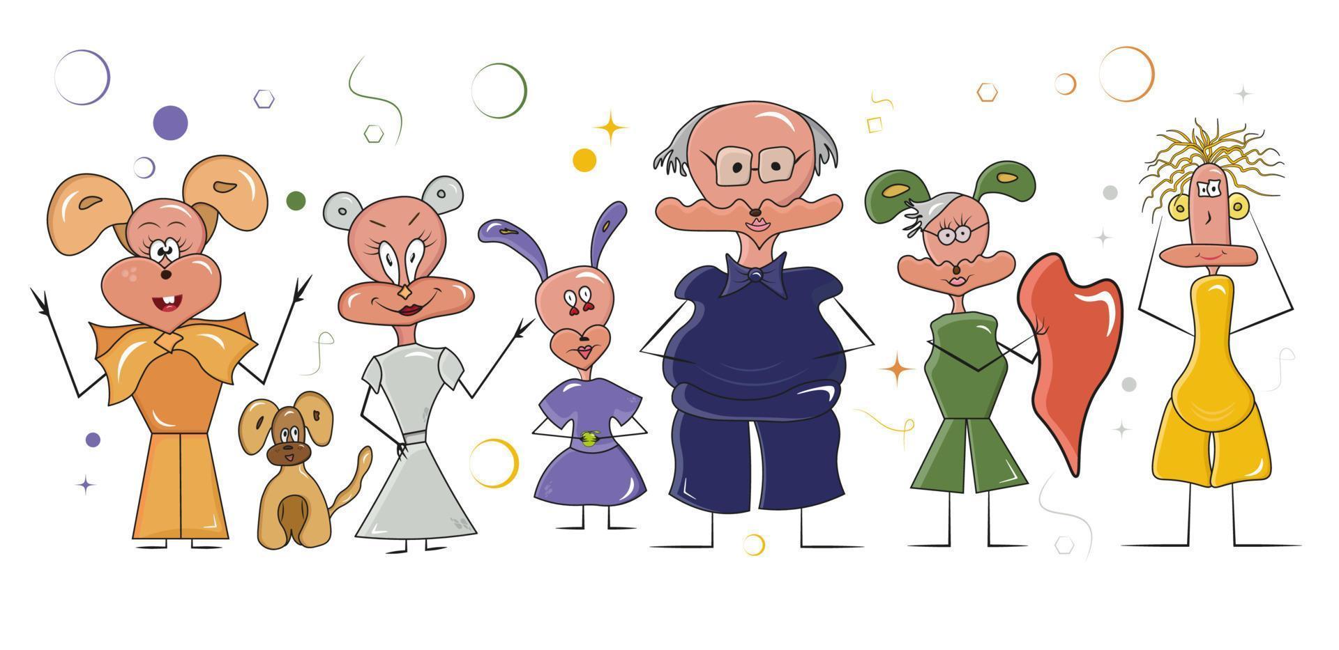 beautiful and funny dog family in doodle style for childrens book or coloring book on white vector