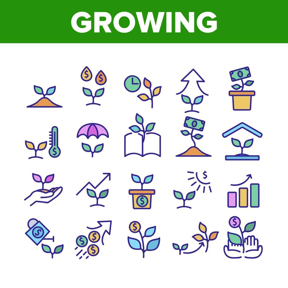 Growing Money Plant Collection Icons Set Vector