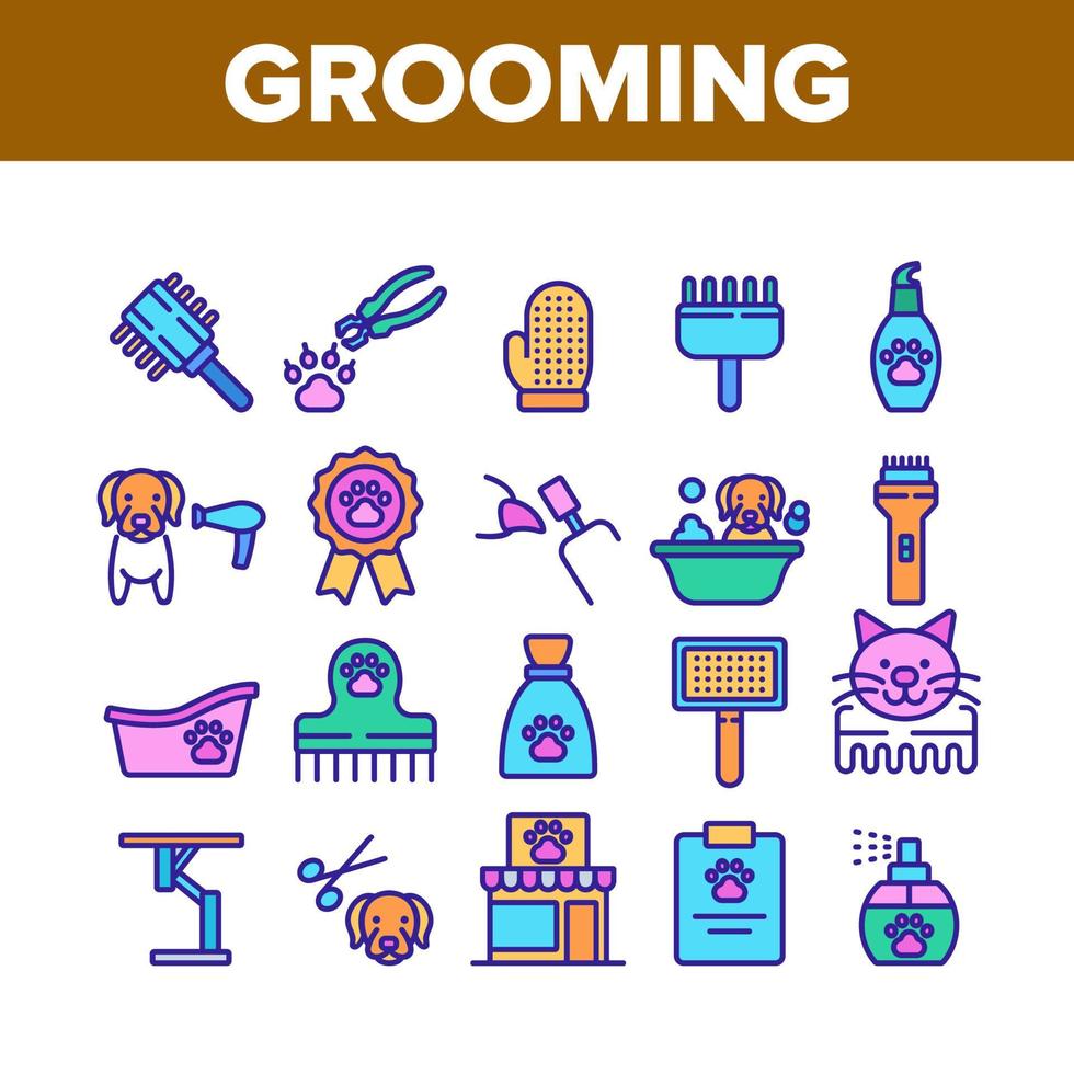 Grooming Animal Tool Collection Icons Set Vector