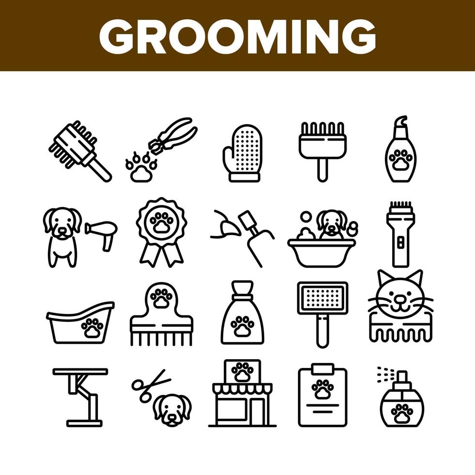 Grooming Animal Tool Collection Icons Set Vector