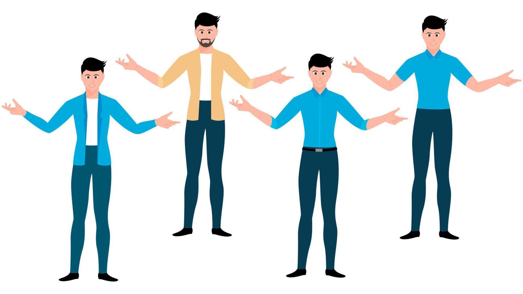 Man opening arms wide, flat character vector illustration set.