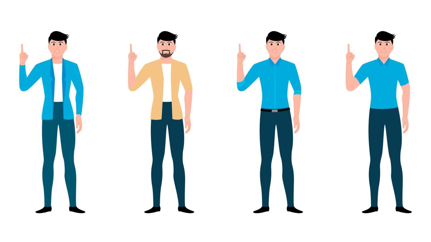 Man showing index finger, flat character vector illustration set.