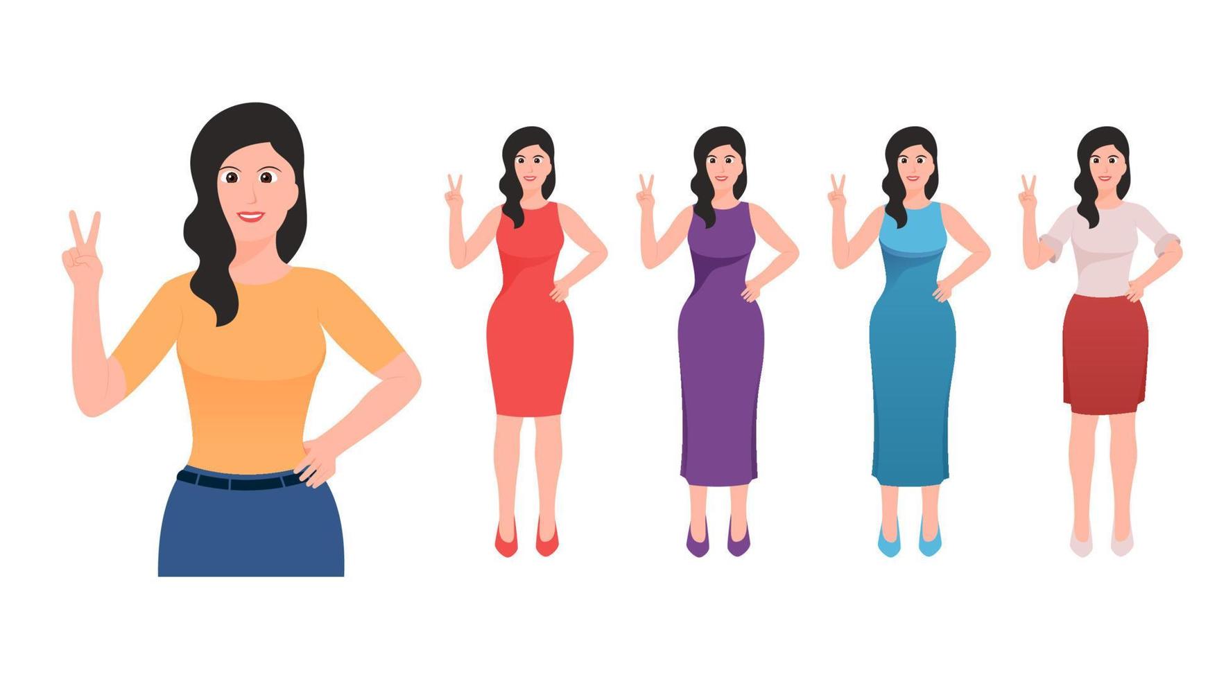 happy women shows gesture of victory by hand and other hand on waist. flat hand gesture vector