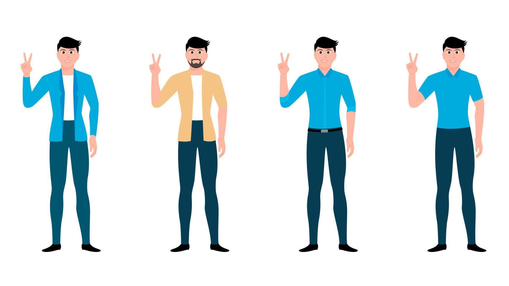 happy men shows gesture of victory by hand and other hand on waist. flat hand gesture vector