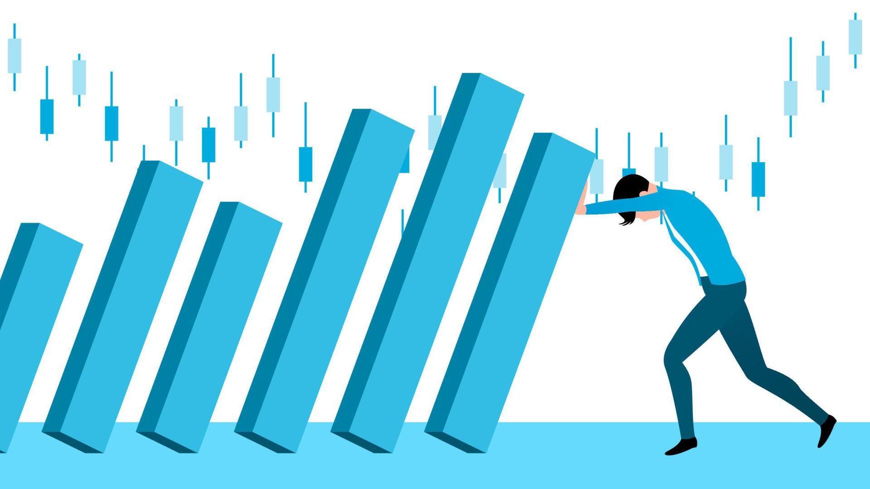 Man trying to push falling graph bar due to market crisis, global recession vector illustration
