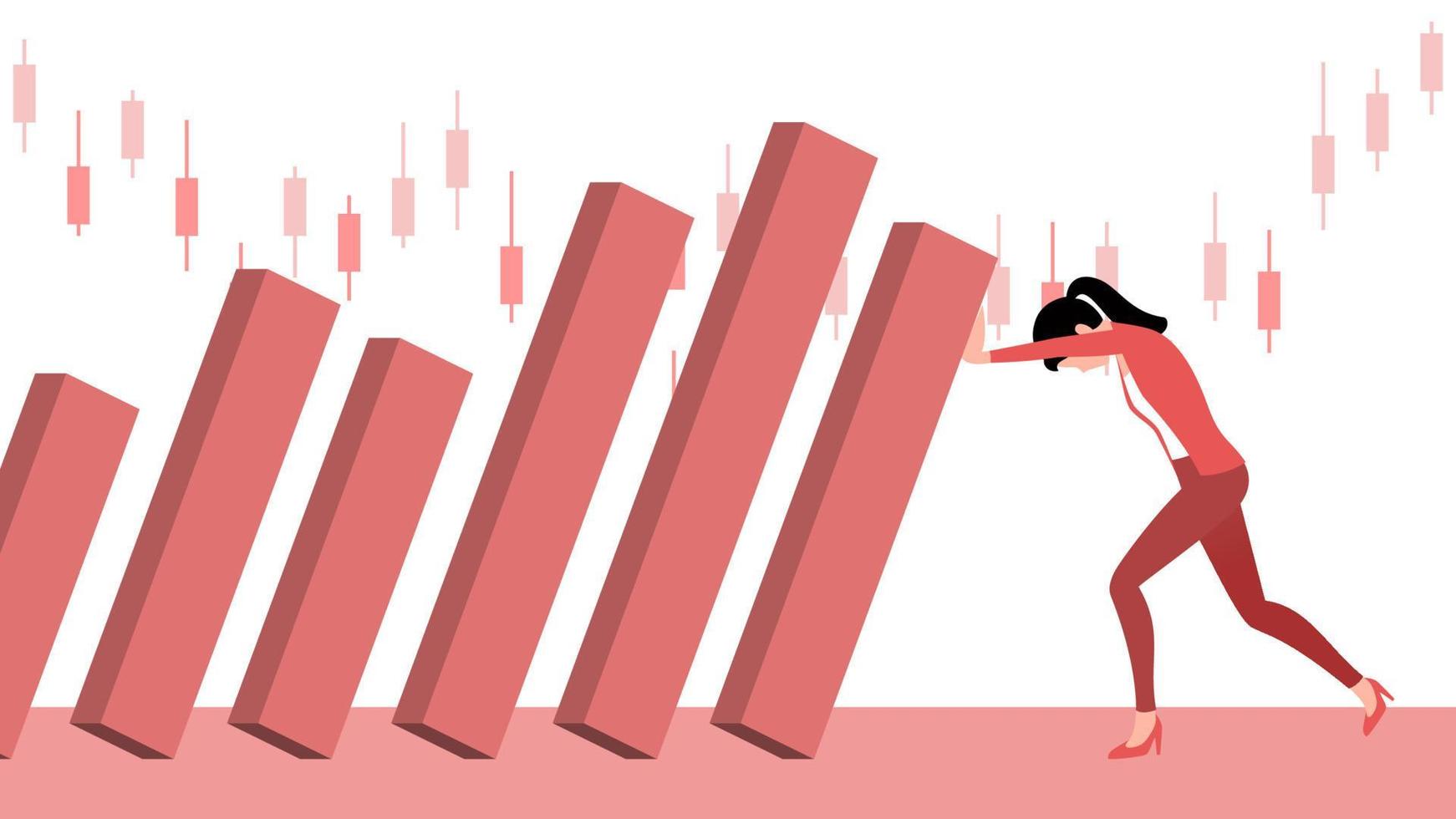 Woman trying to push falling graph bar due to market crisis, global recession vector illustration