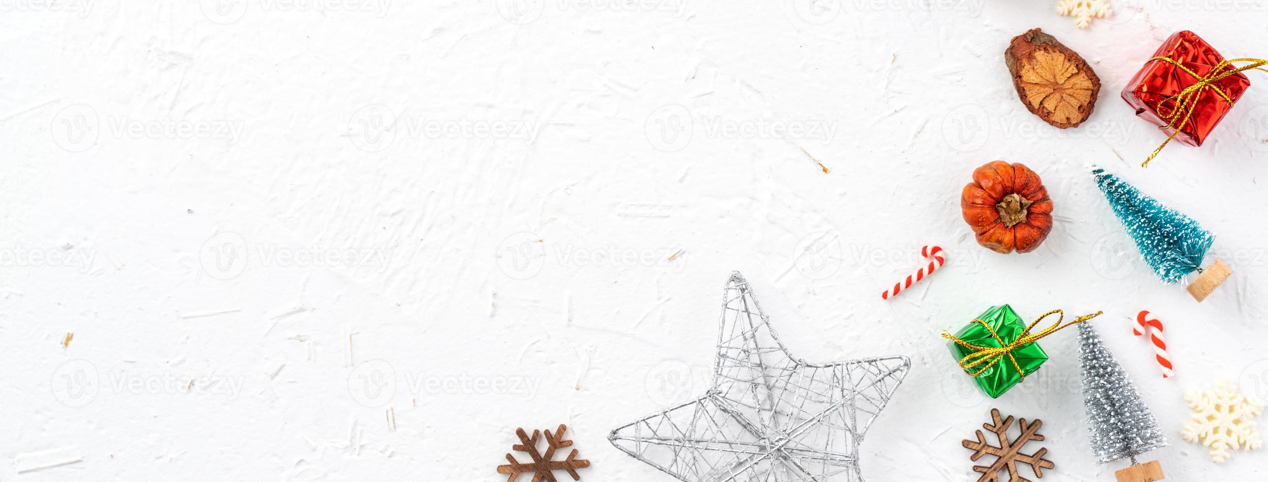 Top view of Christmas holiday background. Composition of festive ornament decor flatlay. photo