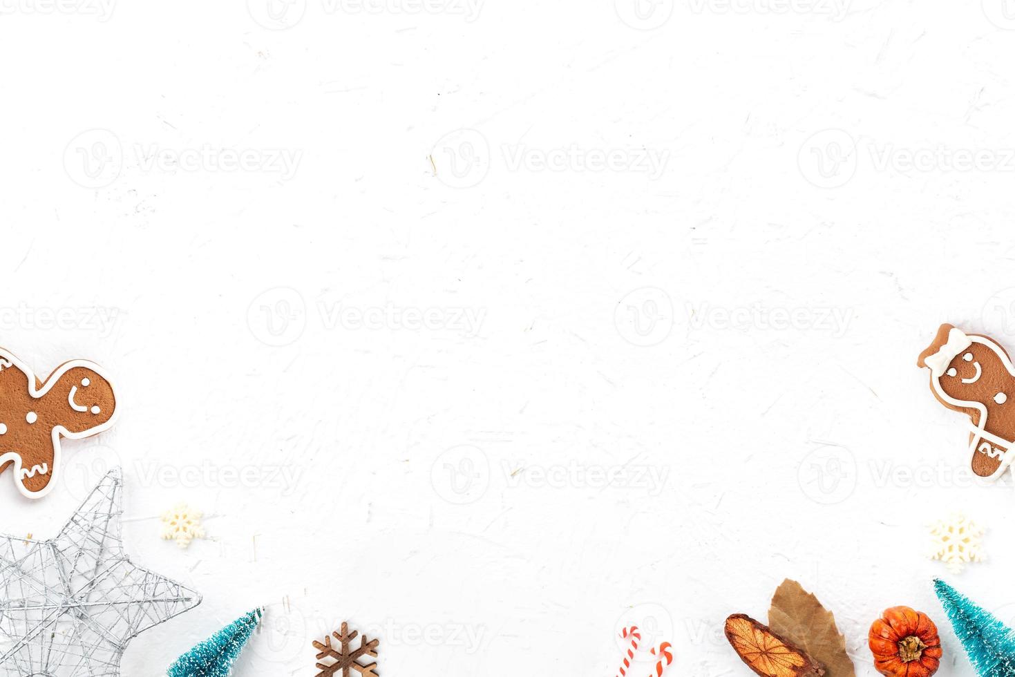 Top view of Christmas holiday background. Composition of festive ornament decor flatlay. photo