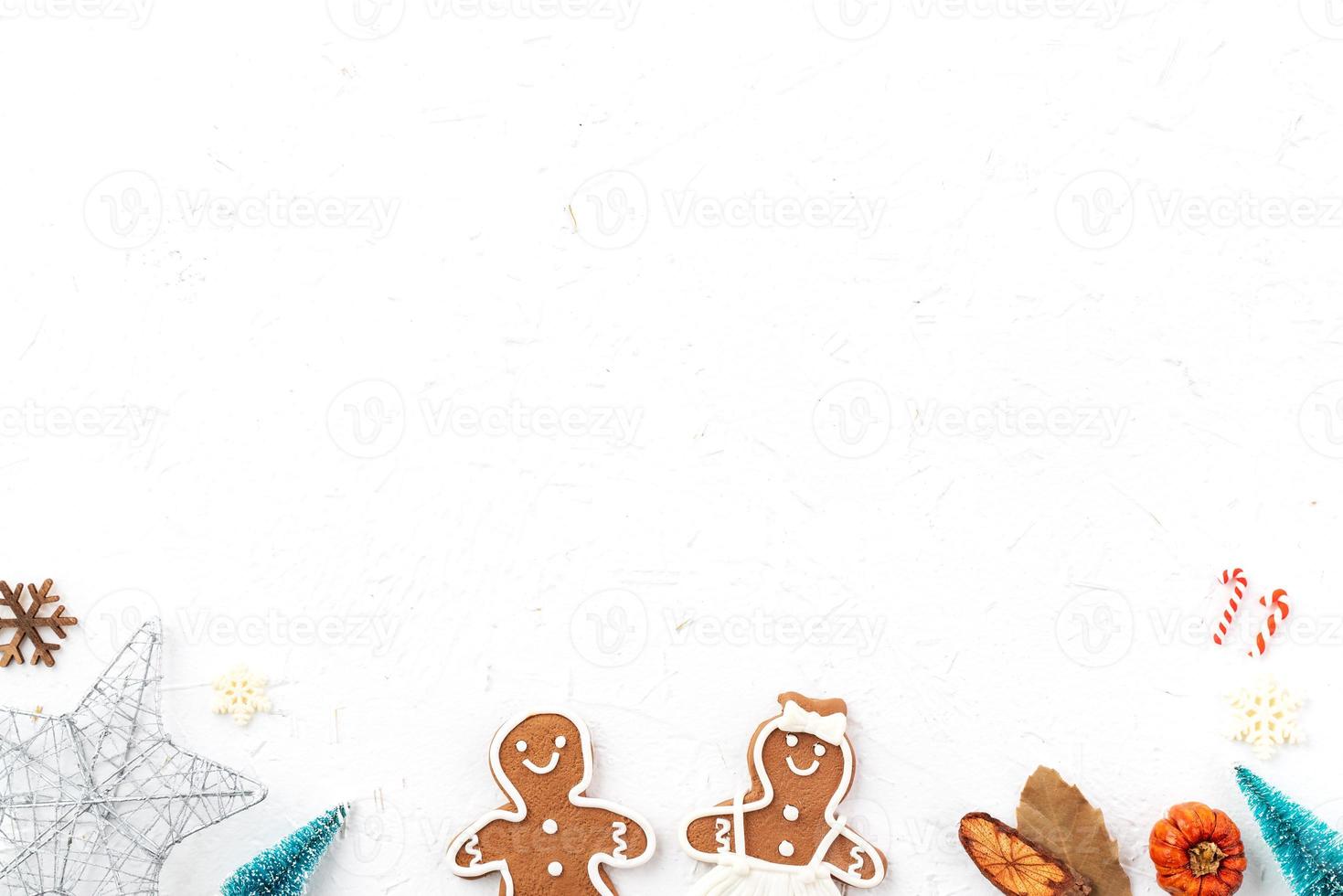 Top view of Christmas holiday background. Composition of festive ornament decor flatlay. photo