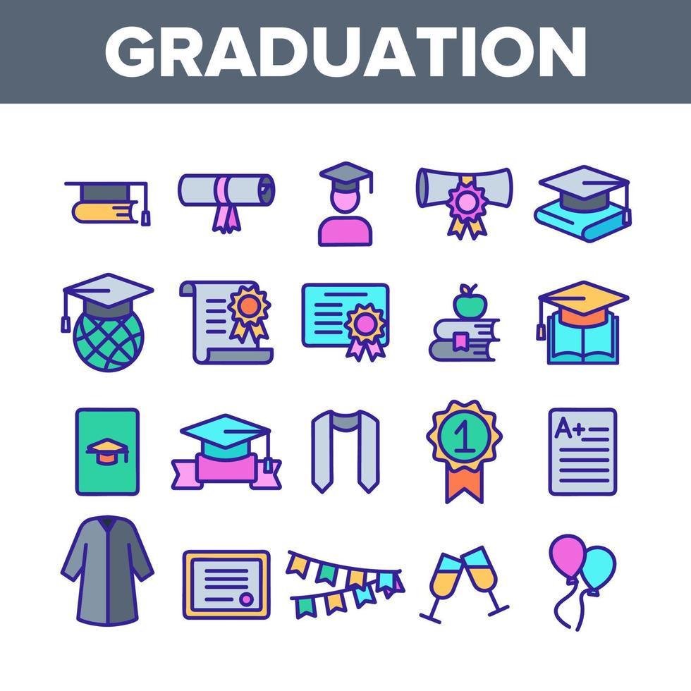 conjunto de iconos de línea delgada de graduación de color vector