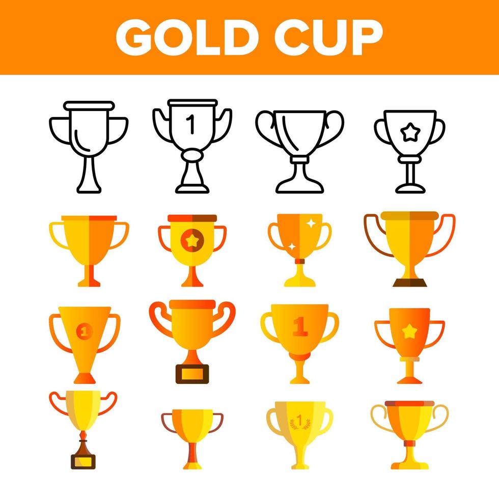 Golden Trophy Cup Vector Color Icons Set