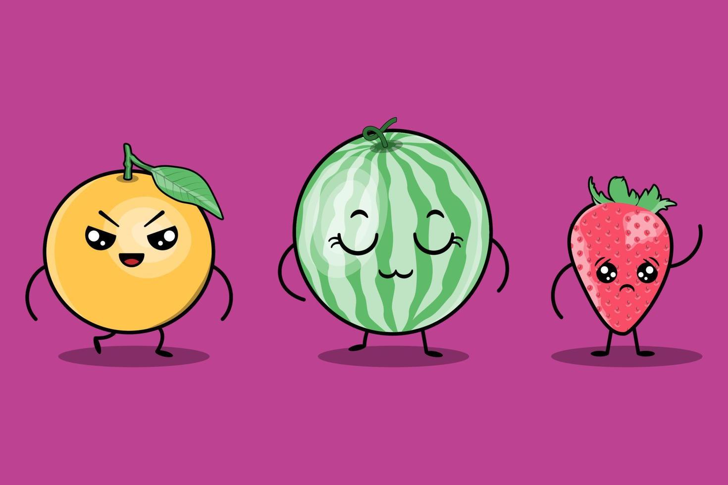 cute colorfull kawaii fruits cartoon characters vector set with many expression