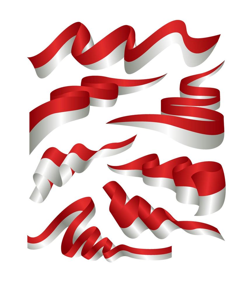 conjunto de bandera de decoración 3d de cinta de indonesia. ilustración vectorial sobre un fondo blanco vector