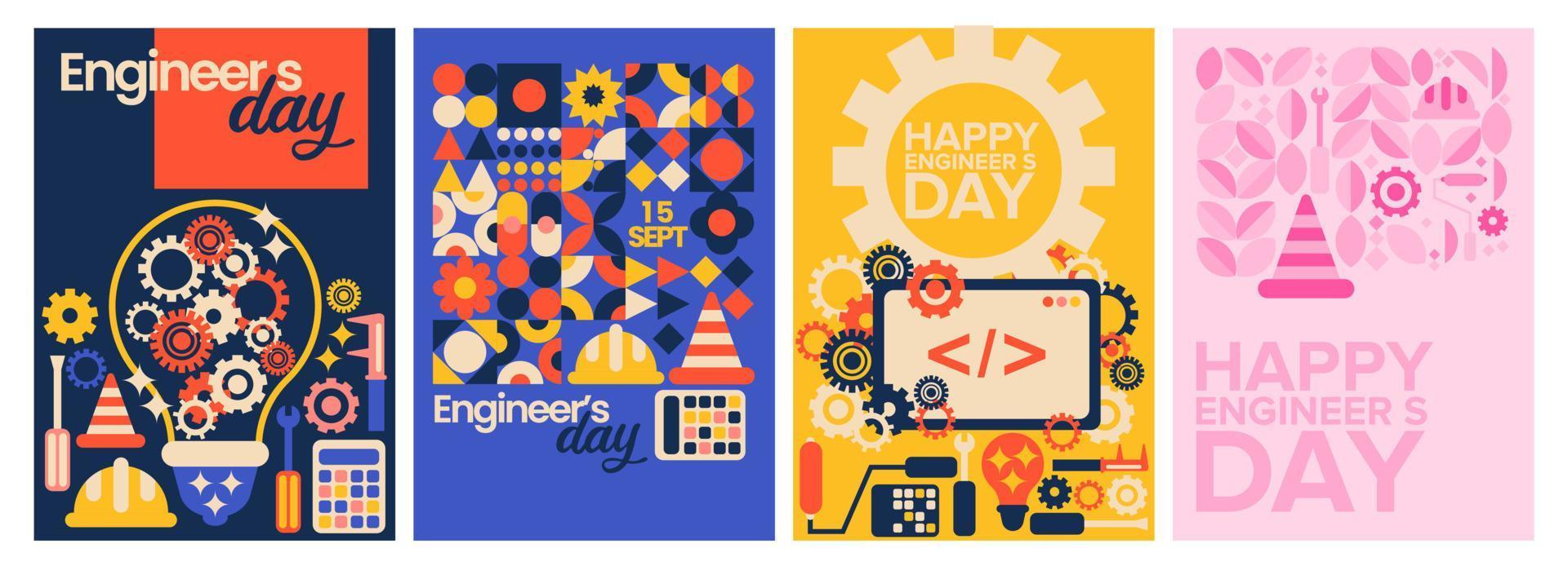 Happy engineer's day vector collection set with toolset, monitor, helmet, screw driver for greeting card and invitation.