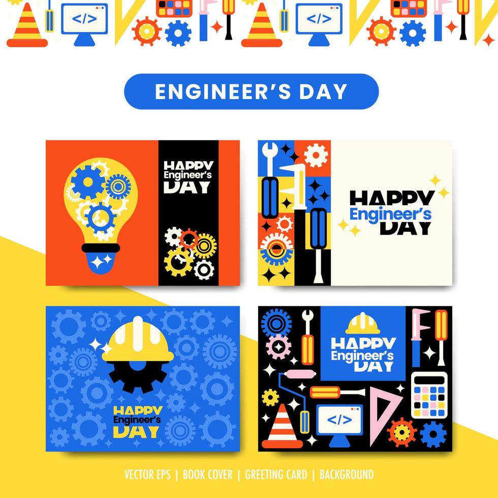 Happy engineer's day vector collection set with toolset, monitor, helmet, screwdriver for poster background