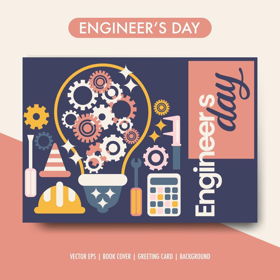 Modern trendy engineer's day greeting invitation card. Helmet, screwdriver, machine gear tool. vector