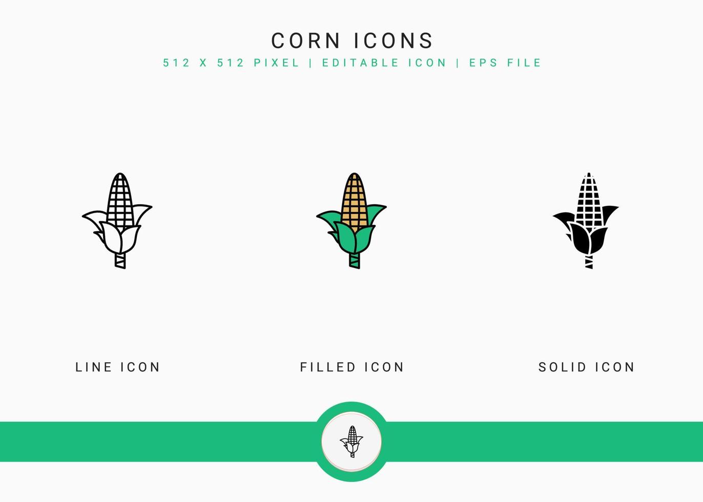 Corn icons set vector illustration with solid icon line style. Vegetable healthy concept. Editable stroke icon on isolated background for web design, user interface, and mobile application