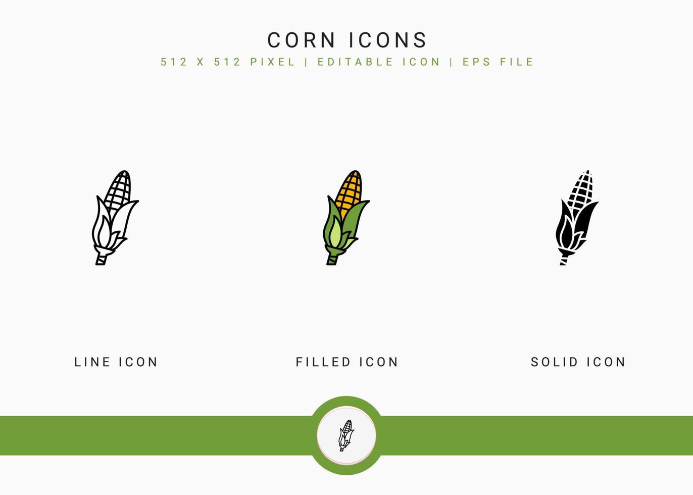 Corn icons set vector illustration with solid icon line style. Vegetable healthy concept. Editable stroke icon on isolated background for web design, user interface, and mobile application