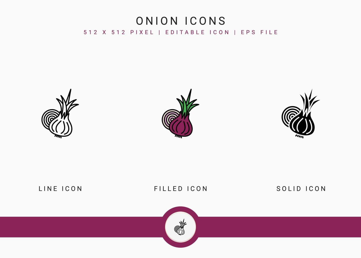 Onion icons set vector illustration with solid icon line style. Vegetable healthy concept. Editable stroke icon on isolated background for web design, user interface, and mobile application