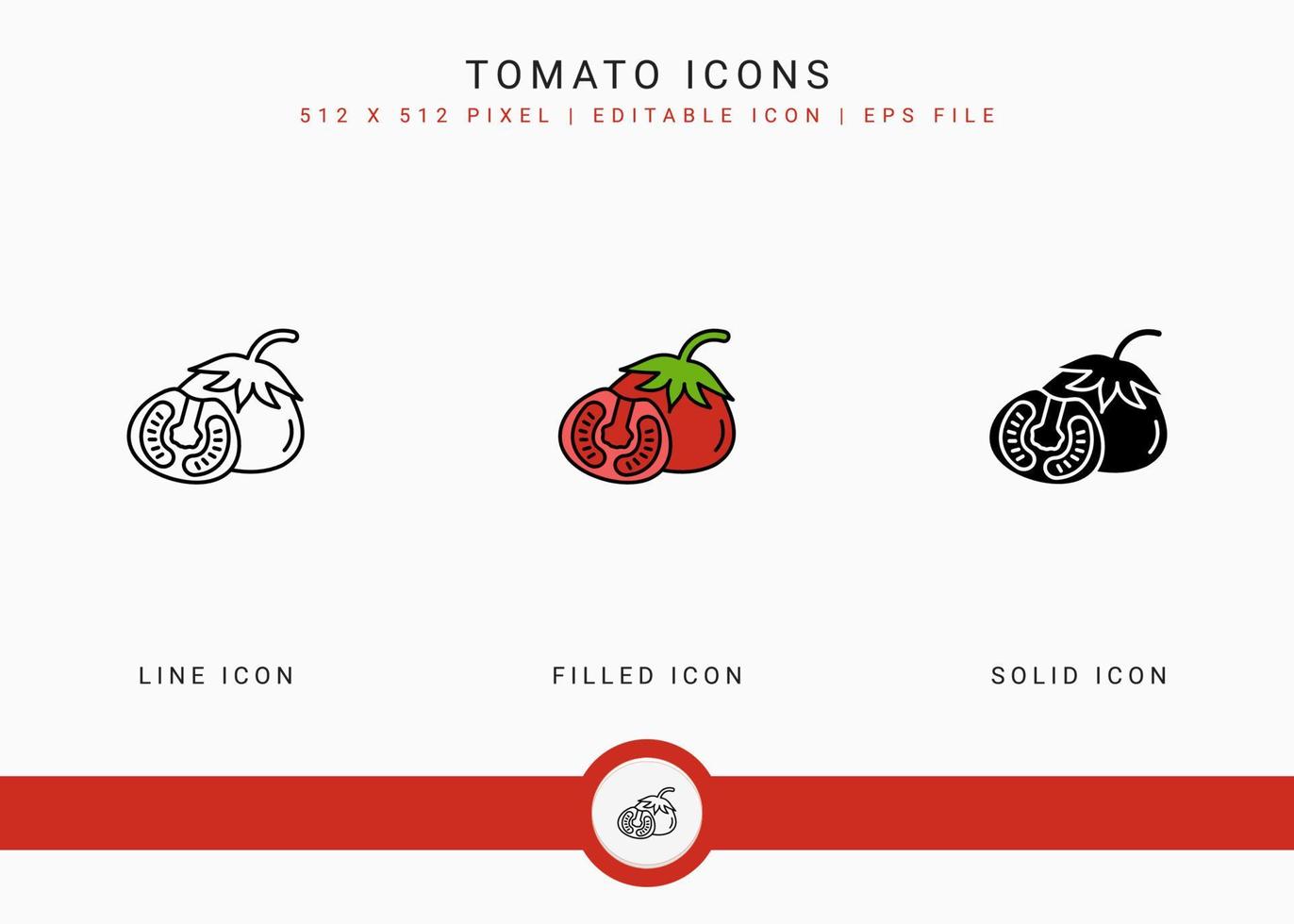 Tomato icons set vector illustration with solid icon line style. Vegetable healthy concept. Editable stroke icon on isolated background for web design, user interface, and mobile application