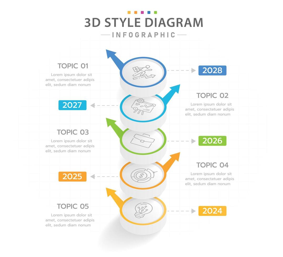 plantilla infográfica para negocios. Calendario de diagrama de línea de tiempo 3d moderno de 5 pasos con flechas, infografía vectorial de presentación. vector