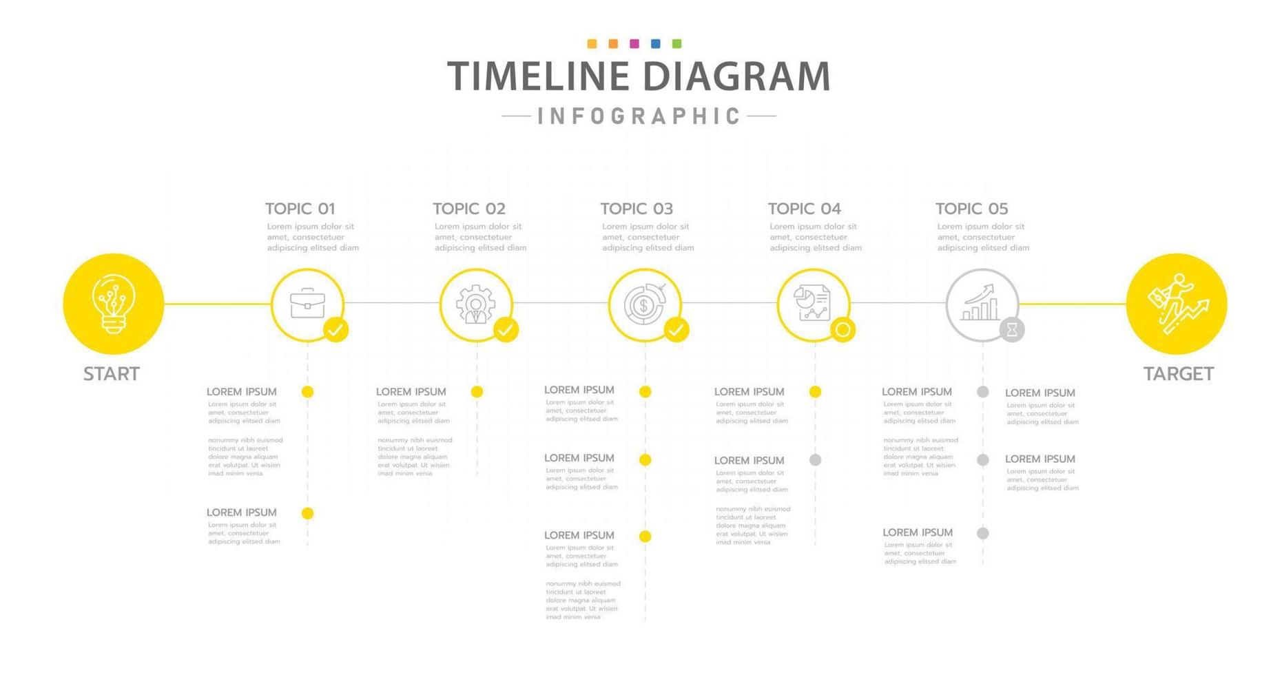 plantilla infográfica para negocios. Calendario de diagrama de línea de tiempo moderno de 5 pasos con círculo y temas, infografía vectorial de presentación. vector