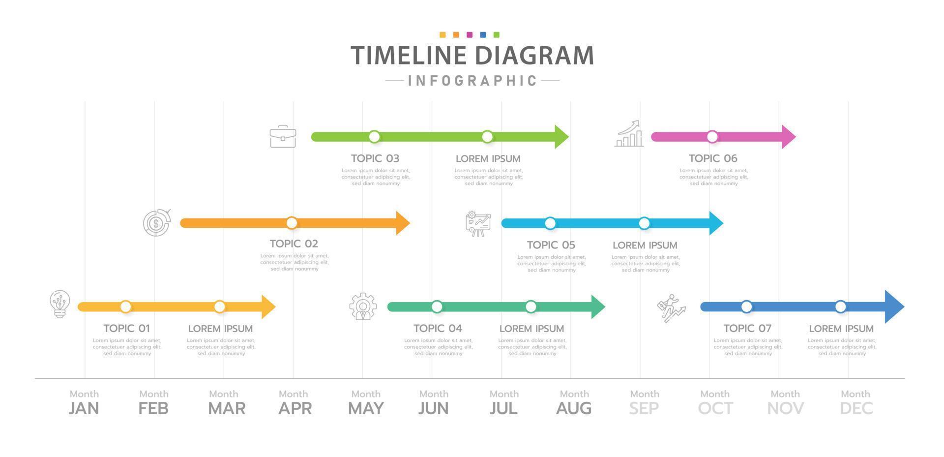 plantilla infográfica para negocios. Calendario de diagrama de línea de tiempo moderno de 12 meses con 7 temas, infografía vectorial de presentación. vector