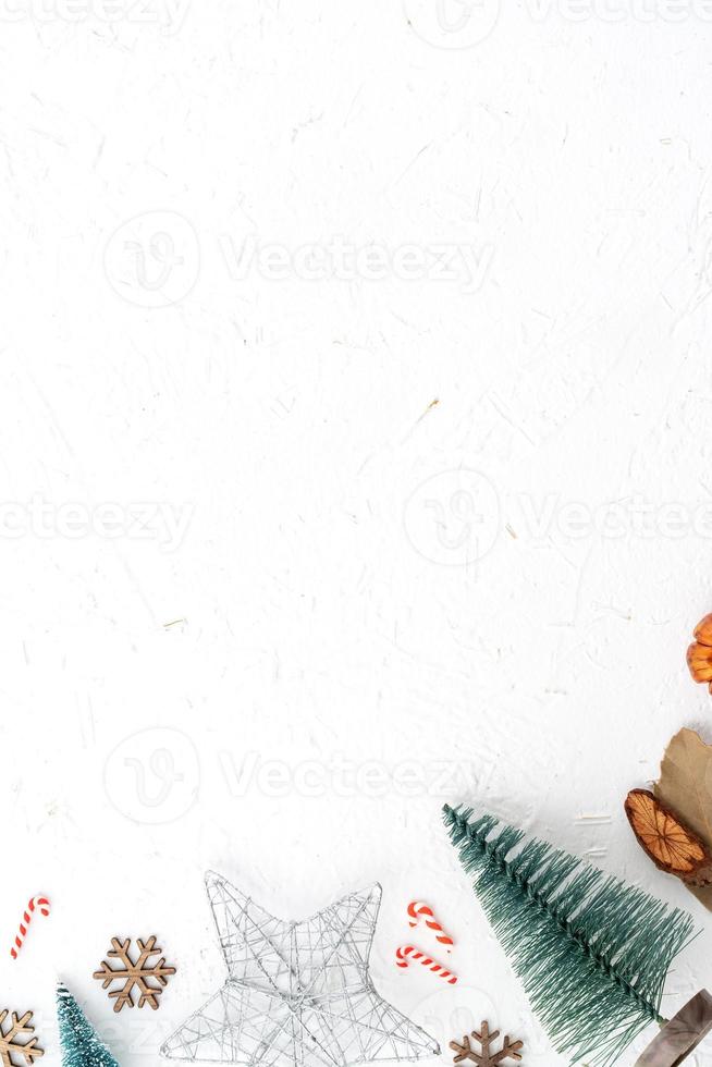 Top view of Christmas holiday background. Composition of festive ornament decor flatlay. photo