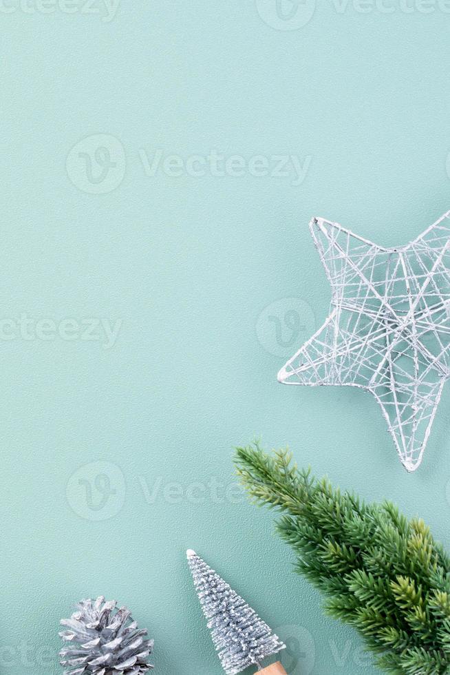 Top view of Christmas holiday background. Composition of festive ornament decor flatlay. photo