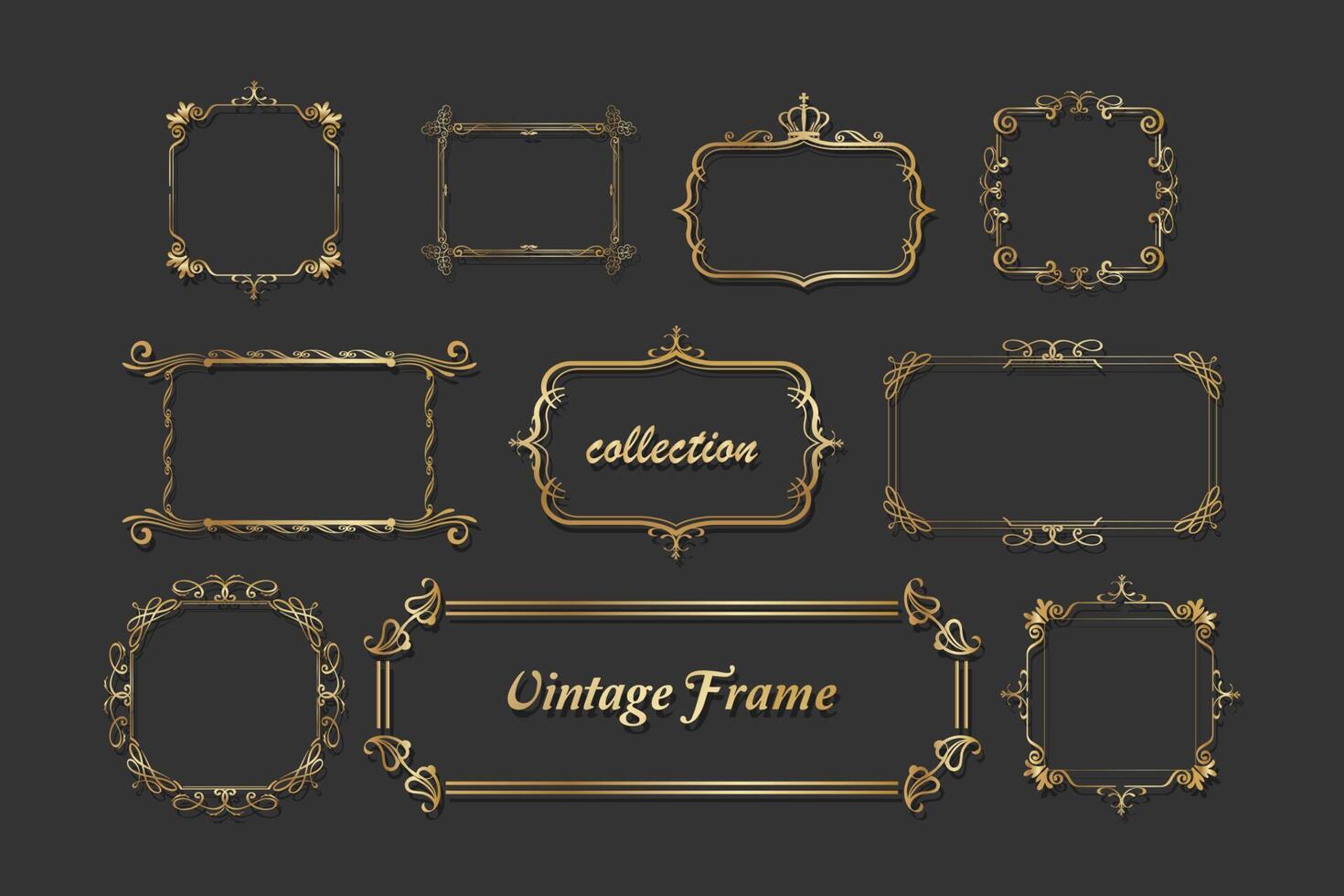 Collection of various elegant and luxurious golden frame shapes, border corner ornaments, Vintage Calligraphy, vector illustration