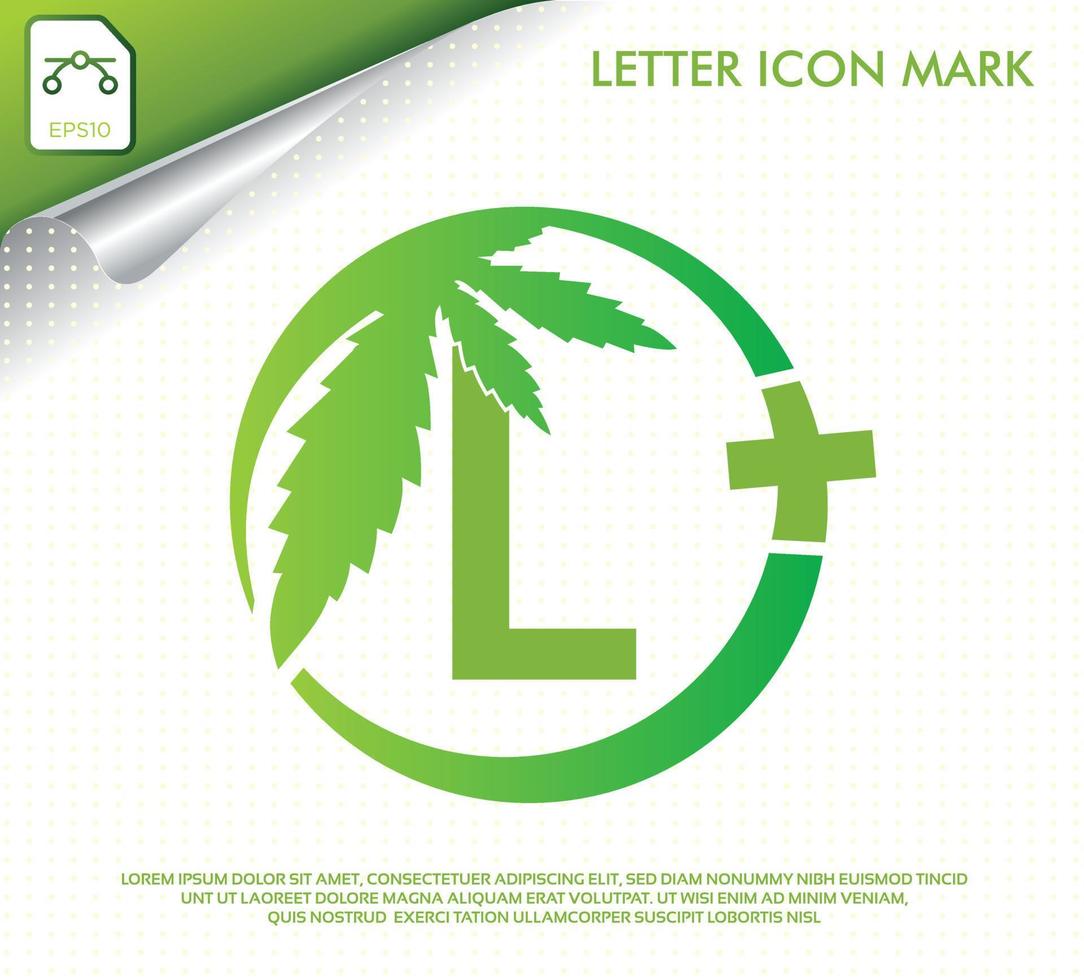 letra l con diseño de logotipo de vector de hoja de cannabis verde