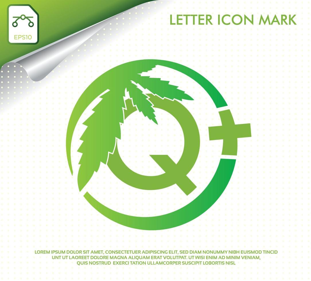 letra q con diseño de logotipo de vector de hoja de cannabis verde