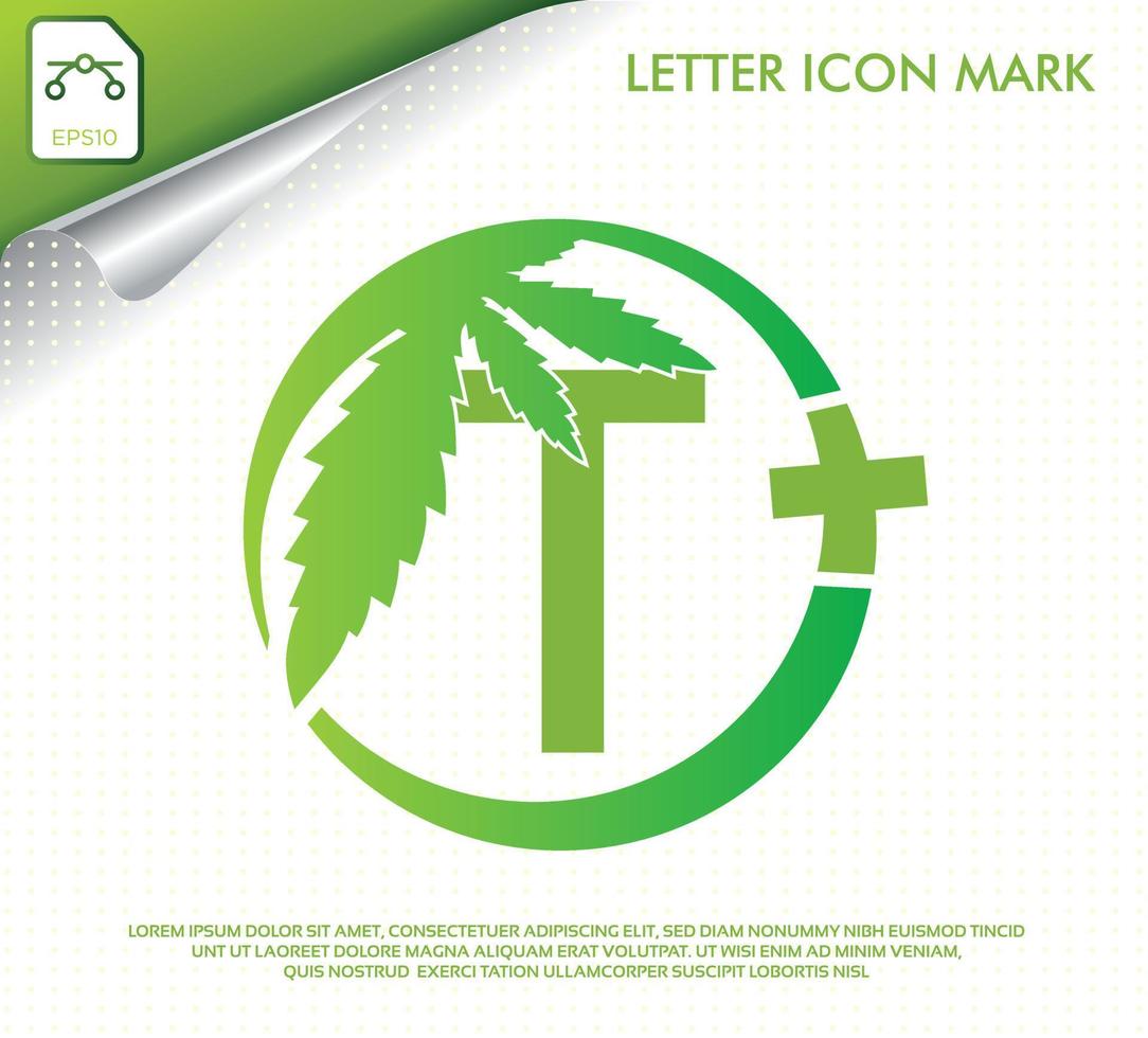 letra t con diseño de logotipo de vector de hoja de cannabis verde