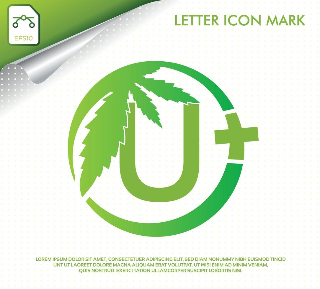 letra u con diseño de logotipo de vector de hoja de cannabis verde