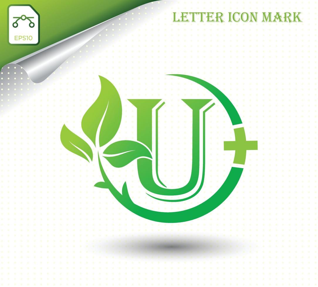 letter U with green leaf vector template