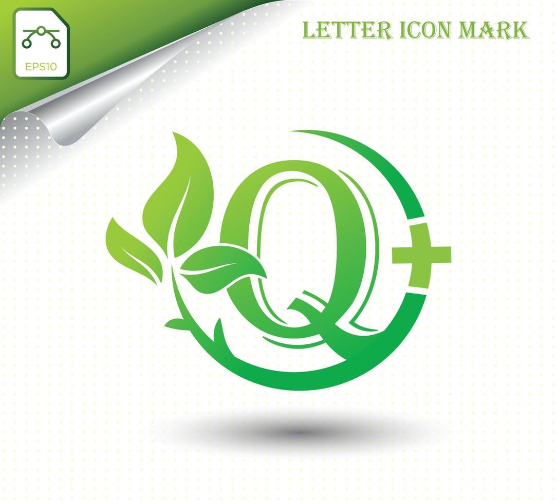 letter Q with green leaf vector template