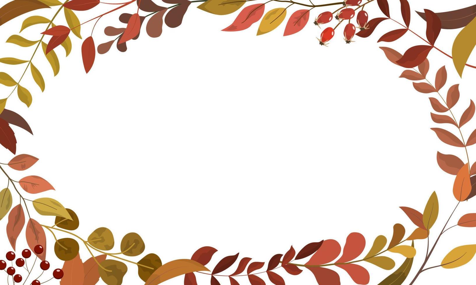 Autumn rustic foliage border frame in burgundy, yellow, and brown colors. Fall seasonal vibrant colors foliage, berries. Wedding invitation card template. Isolated on white background. vector