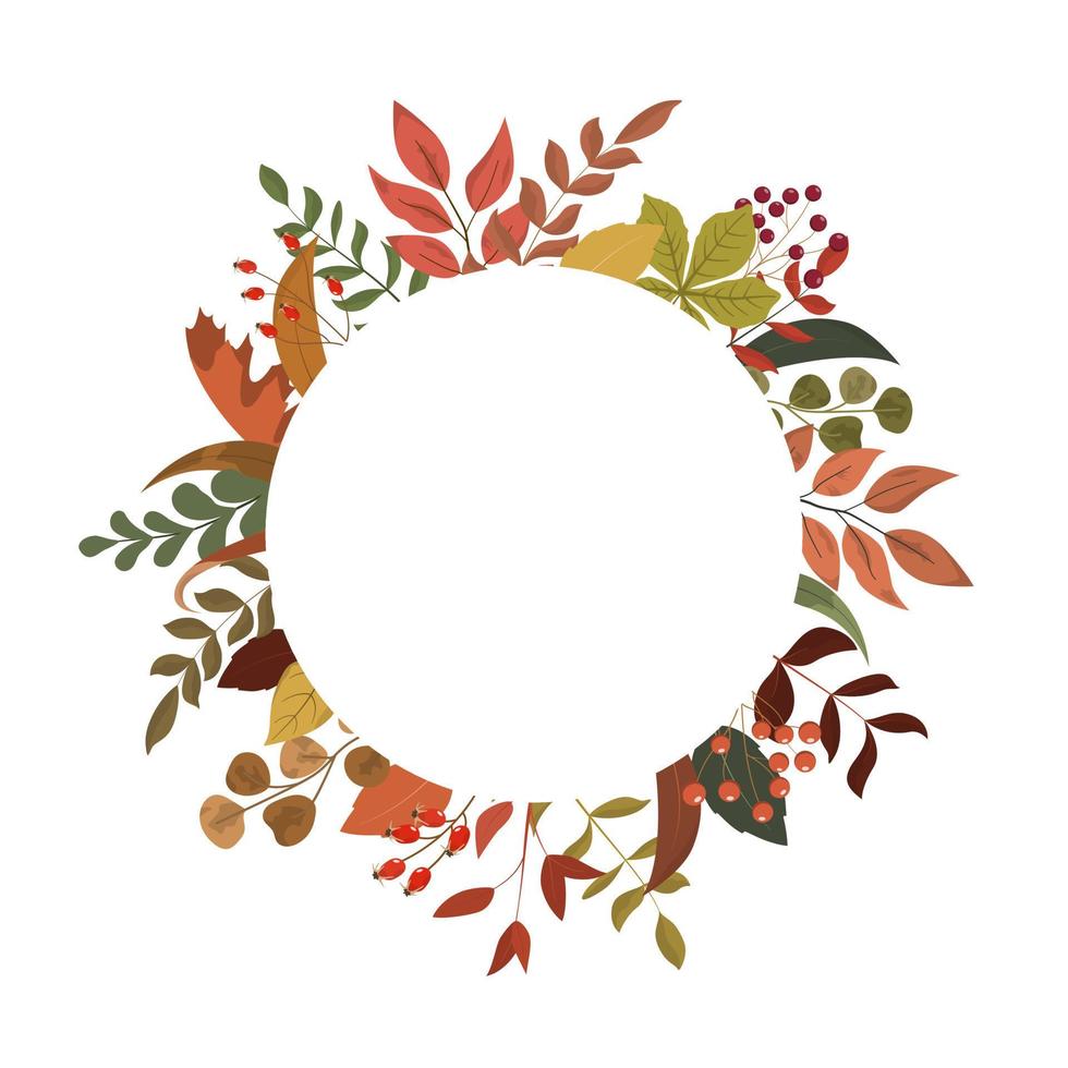 Autumn rustic round frame invitation card template with leaves and greenery border frame. Seasonal bright vibrant colors foliage, berries. Isolated on white background. vector