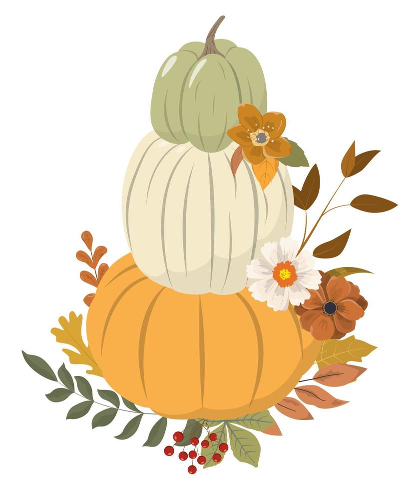 Autumn pumpkin arrangement. Orange, white, green pumpkins with dry colorful fall leaves and seasonal flowers, isolated on white background. Thanksgiving day card template. vector