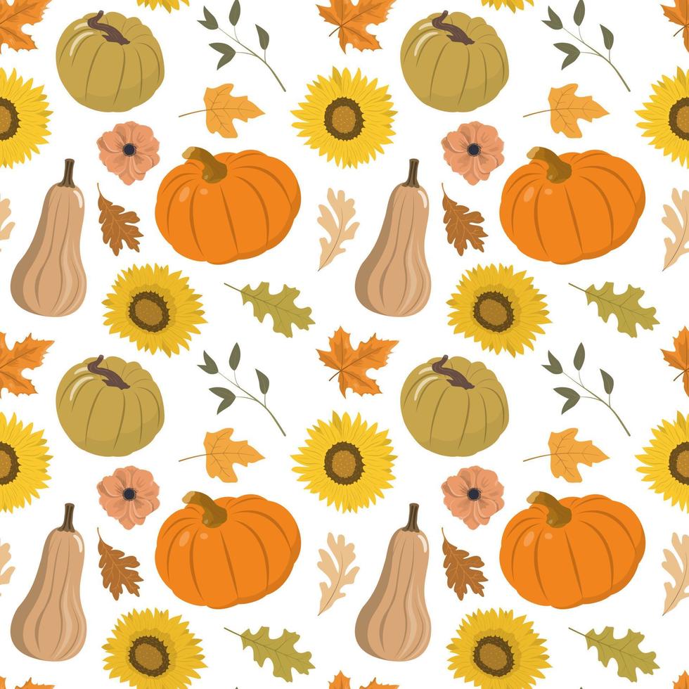 Autumn festival seamless pattern with orange, brown pumpkins, dry forest leaves, sunflowers. Isolated on white background. Autumn harvest illustration. Thanksgiving wallpaper. vector