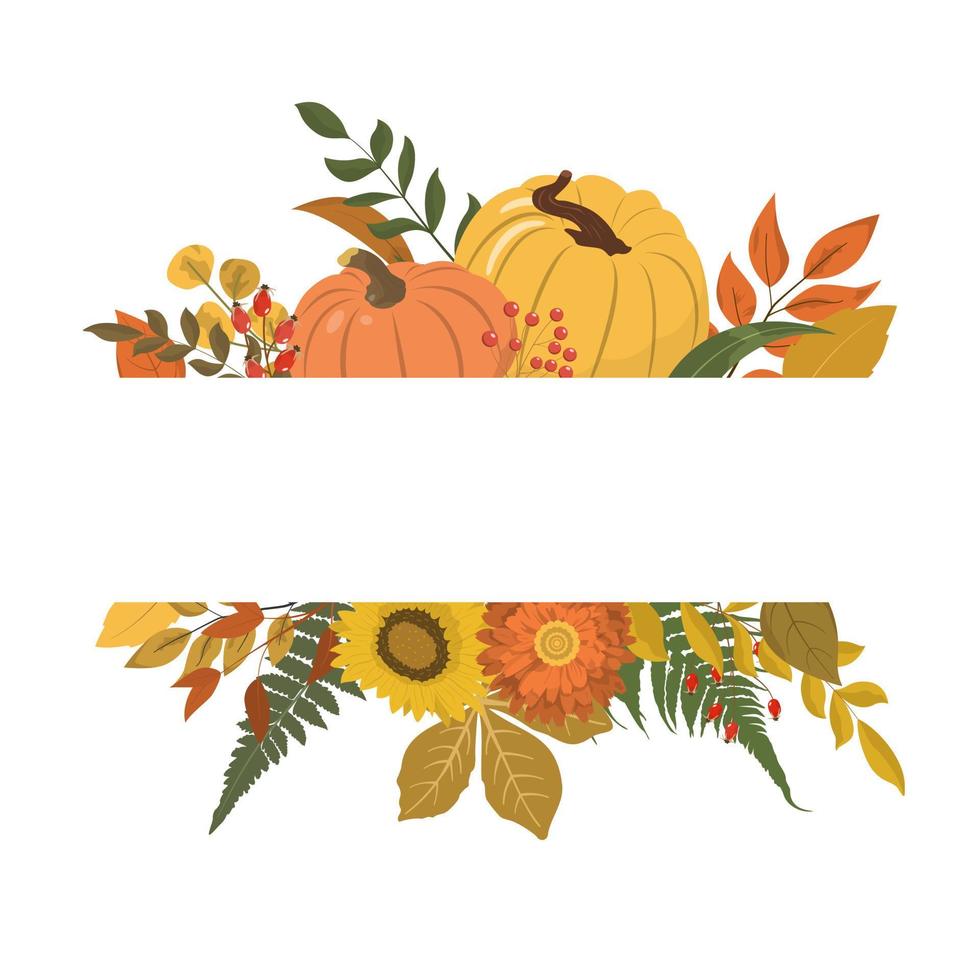 Fall floral frame with orange, yellow pumpkins, flowers, forest leaves. Isolated on white background. Autumn frame design template print. Vector illustration. Nature design.