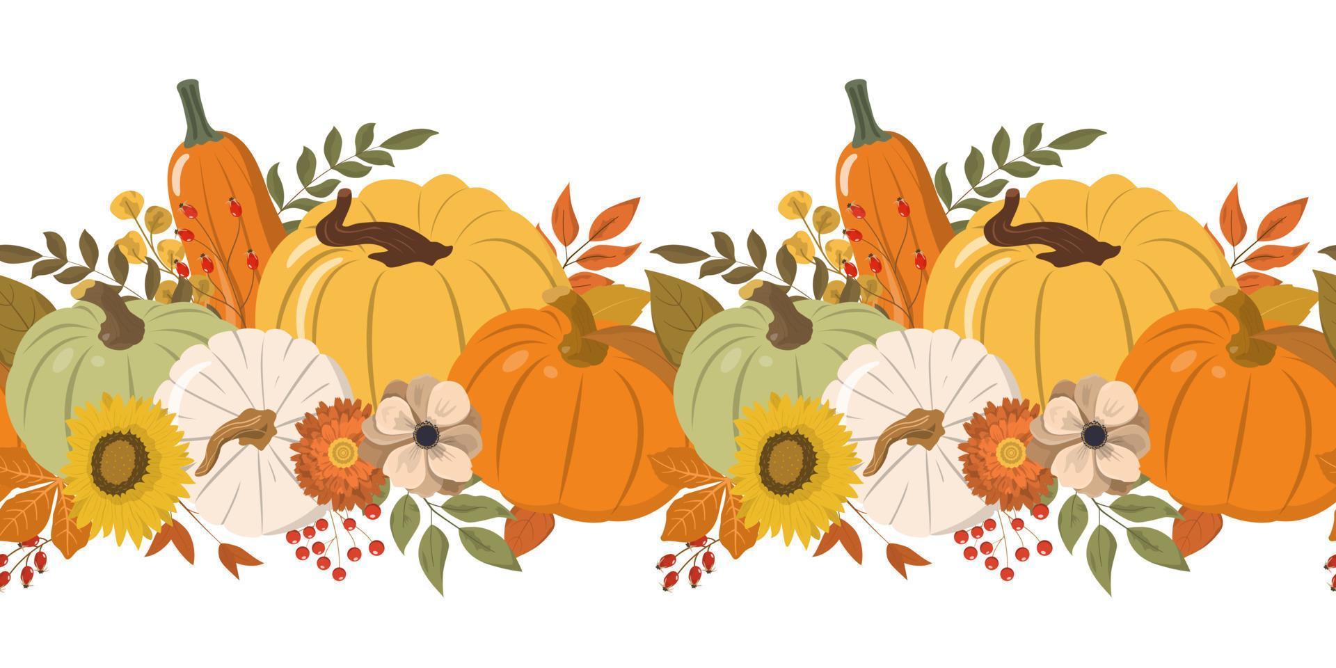 Cute autumn color pumpkins, flowers, berries, and leaves horizontal seamless pattern. Isolated on white background. Seasonal fall banner design for greeting or promotion. vector