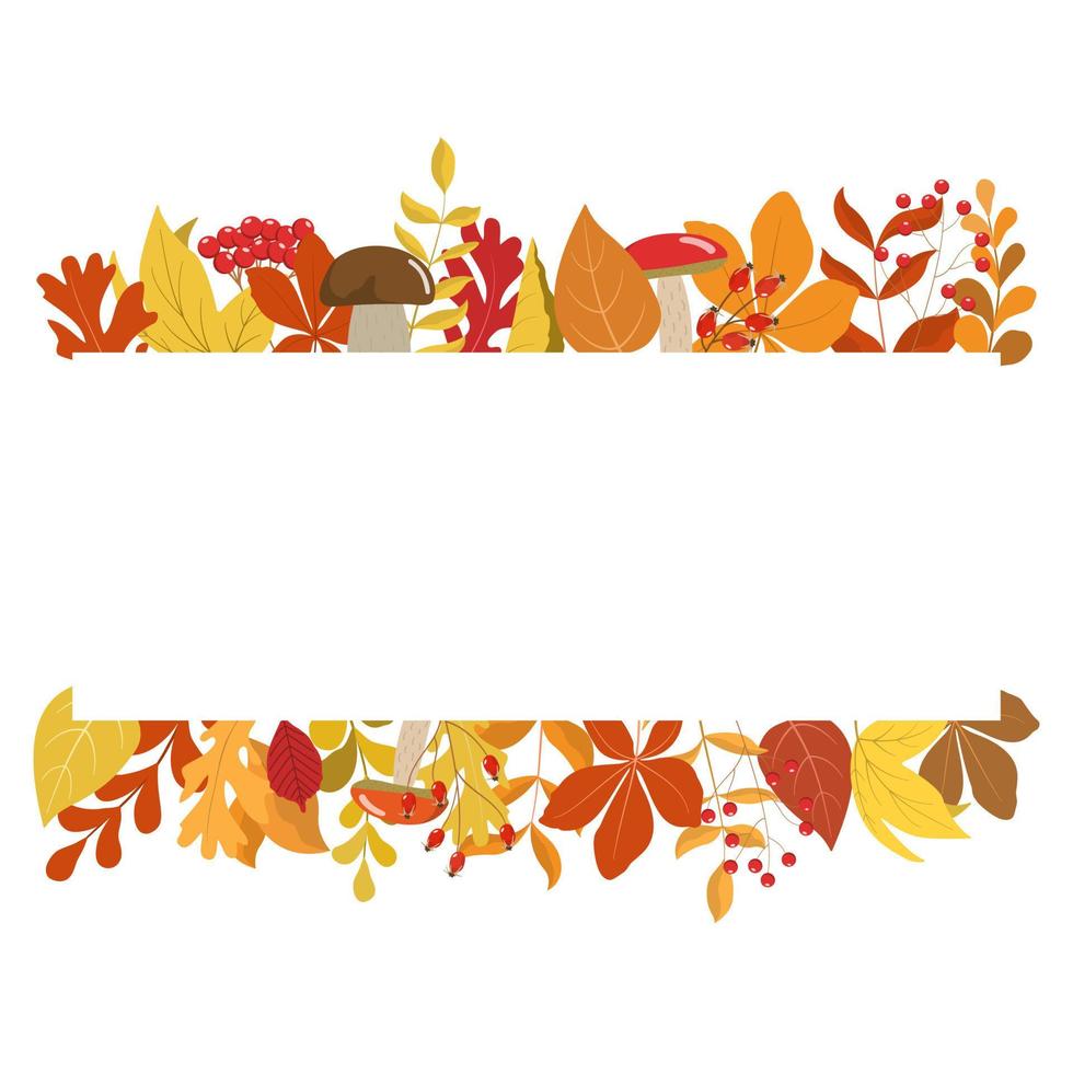 Autumn colorful forest foliage horizontal frame. Seasonal orange, yellow, brown leaves, cute mushrooms, rowan berries. Autumn frame design template. Isolated on white background. vector