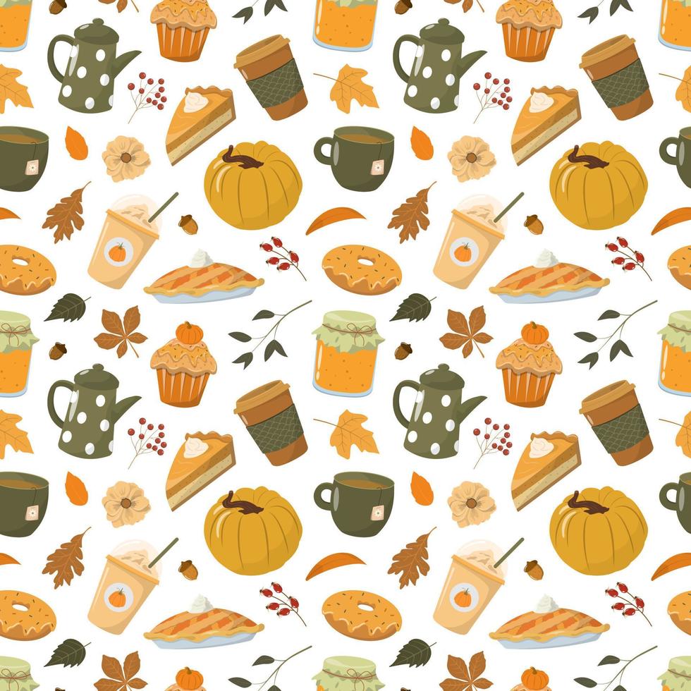 Autumn pumpkin spice pattern. Fall seasonal food and drinks. Isolated on white background. Cute orange pumpkin, cup of coffee, pumpkin pie,cake, leaves. vector